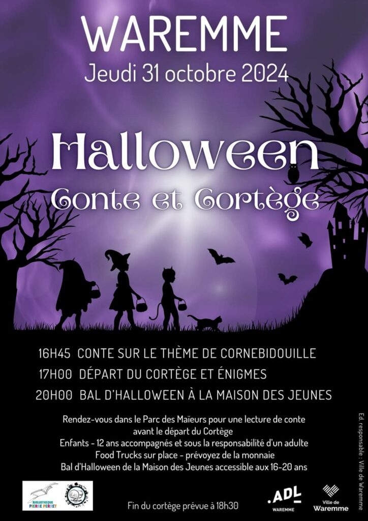 Voici les éléments demandés pour l'image : Titre Halloween à Waremme : Conte et Cortège Effrayants Texte Alternatif Une affiche de l'événement Halloween à Waremme, montrant une scène sombre avec des silhouettes d'enfants costumés, un arbre lugubre, et un château en arrière-plan. Les informations détaillent le programme de la soirée, incluant un conte, un cortège et un bal d'Halloween. Légende La ville de Waremme vous invite à célébrer Halloween avec un conte, un cortège de monstres et un bal pour les jeunes !